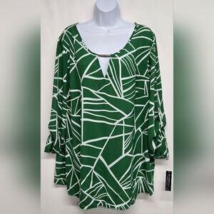 Zac & Rachel 2X Green White Top Tunic  V Neck Adjustable SleeveSemi Sheer